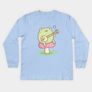 Cute Frog Playing Banjo On Toadstool Kids Long Sleeve T-Shirt